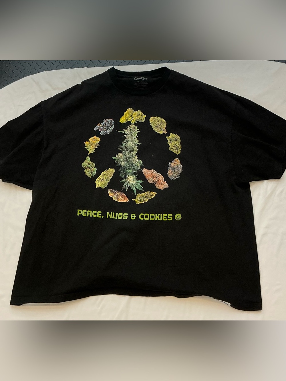 Peace, Nugs & Cookies Graphic Tee - Black with Multicolor Print
